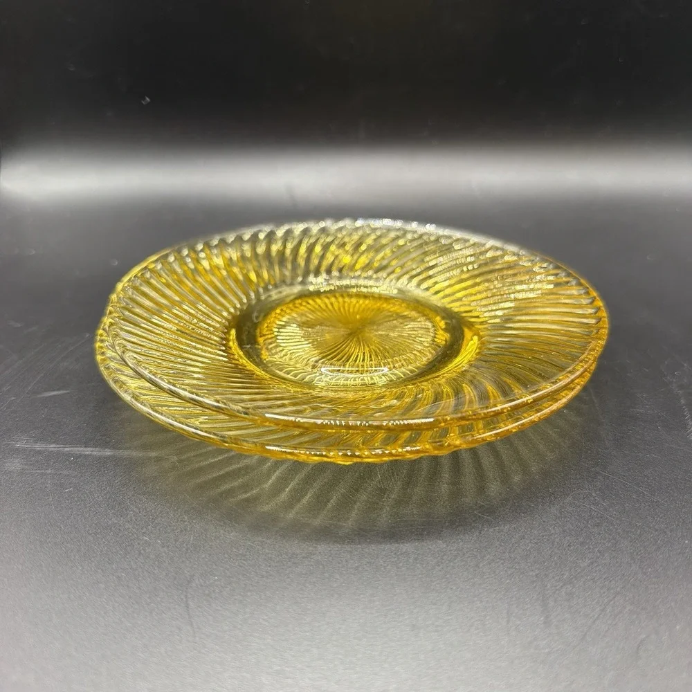 Vintage Federal Glass Co Pressed  Glass Saucers Amber Diana Swirl Pattern S/2